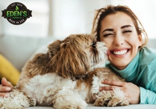 woman sitting with her dog smiling